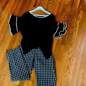 J.Jill top & pant: black flowing ruffle sleeve top and plaid ankle pant